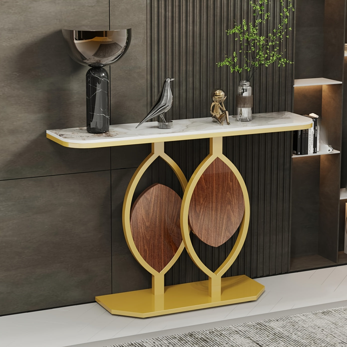 Sidetable – Consoletafel – Haltafel – Wandtafel – Entree Meubel – Luxe Sintered Stone Blad – Kras- en Hittebestendig – Gouden Zelfstabiliserend Metaalframe – Draagvermogen 99,79 kg