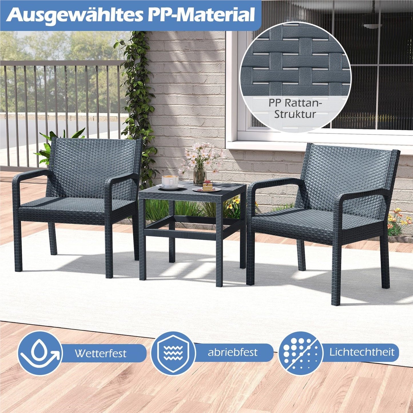 3-Delige Rattan Tuinmeubelset – Balkonset – Terrasmeubilair – Tuinset – Loungeset – Weerbestendig Pp-Materiaal – Ergonomische Stoelen Met Bijzettafel – Grijs