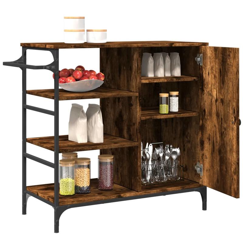 Keukentrolley – Keukenwagen – Serveerwagen – Keukenrek – Opbergtrolley – Rook Eiken – Hout & Staal – 87,5x38,5x84,5 cm