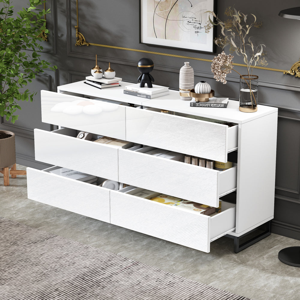 Kast – Opbergkast – Dressoir – Ladekast – Sideboard – Hoogglans Wit – 6 Lades – Metalen Poten – Ruime Opbergruimte – Stevige Constructie