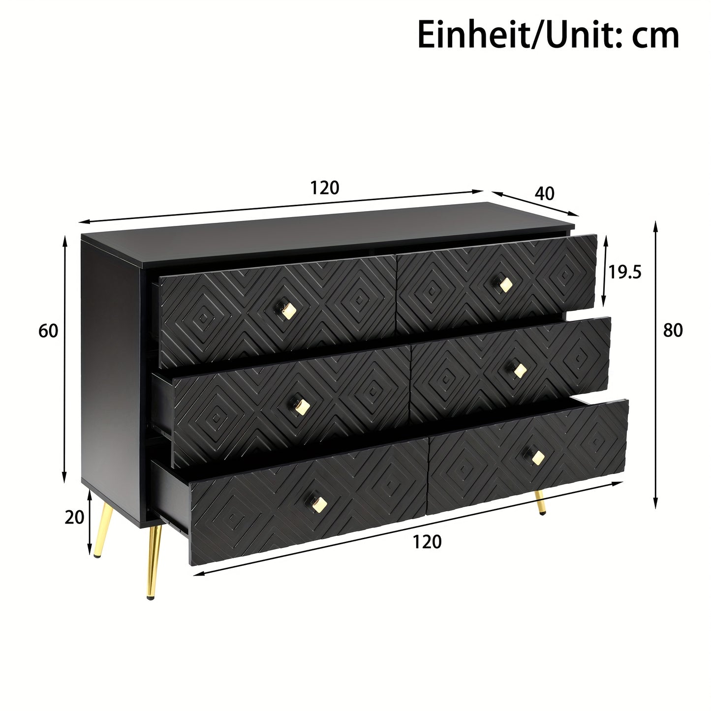 Modern Chest Of Six Drawers - 120x40x80 Cm - Elegant White With Golden - Perfect For The Bedroom And Living Room, Storage Drawer Units