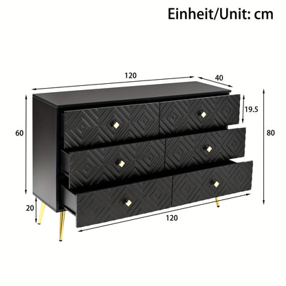 Modern Chest Of Six Drawers - 120x40x80 Cm - Elegant White With Golden - Perfect For The Bedroom And Living Room, Storage Drawer Units