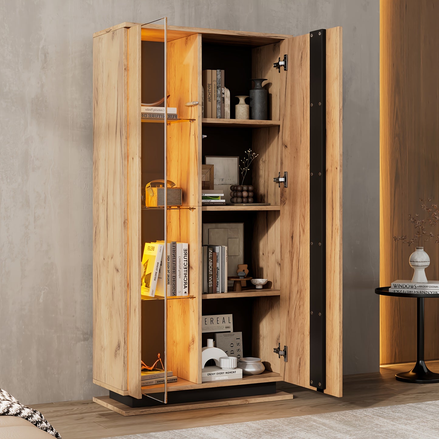 80x35x160cm Freestanding Display Cabinet with Glass Partition - 8 Shelves, 4 Compartments, Classic Wooden Finish, No Power Needed, Perfect for Living Room or Office Decor, Office Decor Cabinet | Modern Display Cabinet | Woode