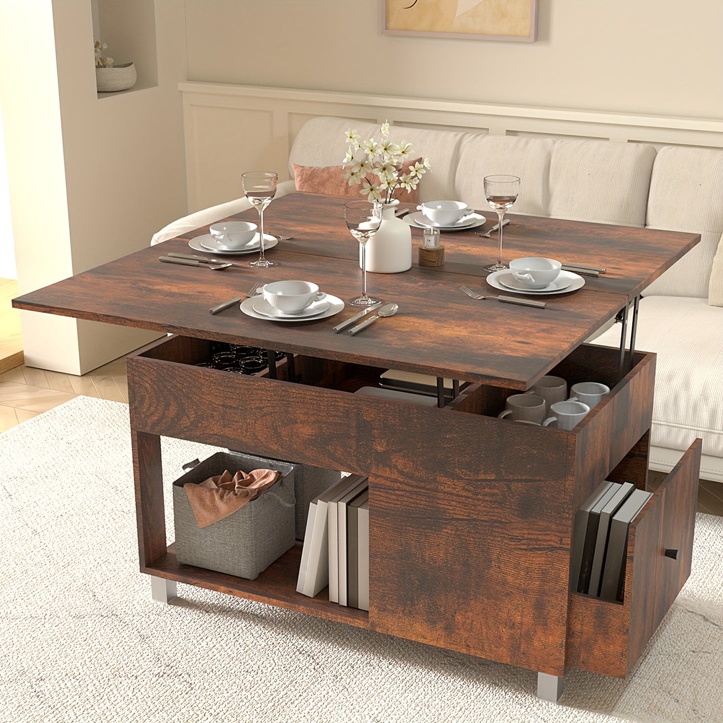 Salontafel – Koffietafel – Bijzettafel – Sofa Tafel – Woonkamertafel – Verstelbare Hoogte – Lift-Top Opbergruimte – Hout-Metaal – Compact Design