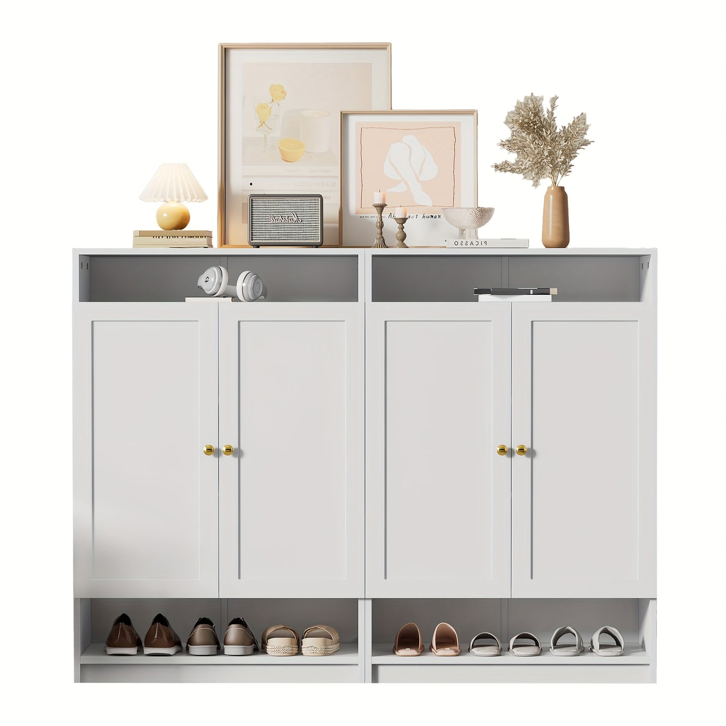 Schoenenkast – Schoenenrek – Schoenenkastje – Schoenopberger – Schoenmeubel – Modern – Wit Met Gouden Handgrepen – Verstelbare Planken – Compact Formaat 73x34x109 cm
