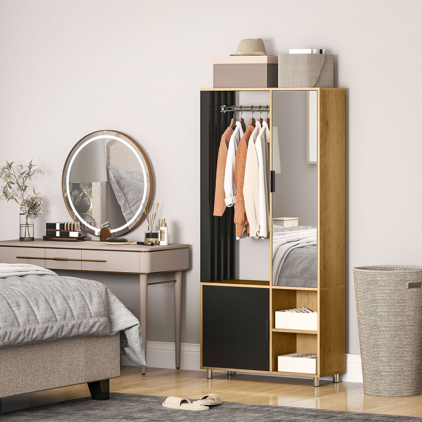 Kledingkast – Garderobekast – Opbergkast – Kleerkast – Kast met Spiegel – Compact 80x30x170 cm – MDF Natuurlijke Houtlook