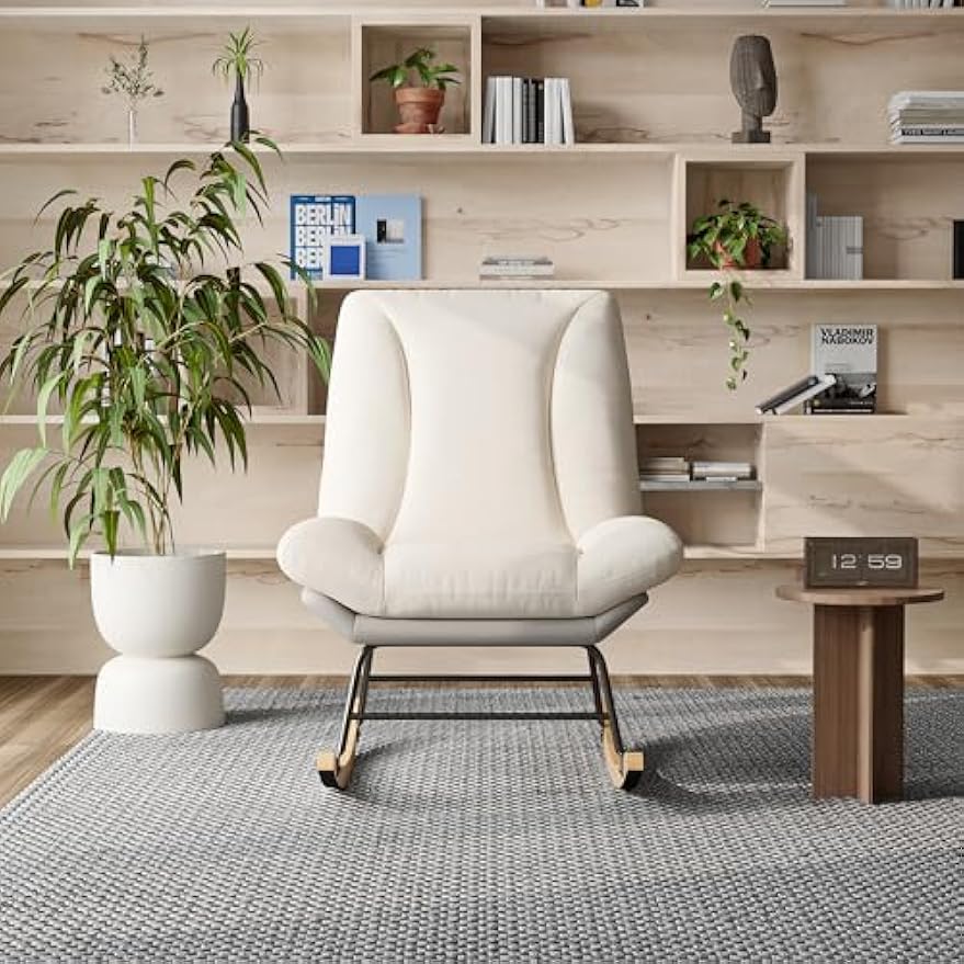 Schommelstoel – Schommelstoel Met Kussen – Relaxstoel – Schommelstoel Voor Binnen – Balkonstoel – Verstelbare Rugleuning – Zacht Comfortabel Kussen – Beige Grijs