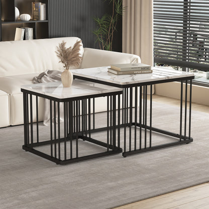 Salontafelset – Woonkamertafel – Bijzettafel – Tafeltje – Salontafels – Wit Marmerlook – Hoogglans MDF – Verstelbare Pootjes – Draagvermogen 30 kg