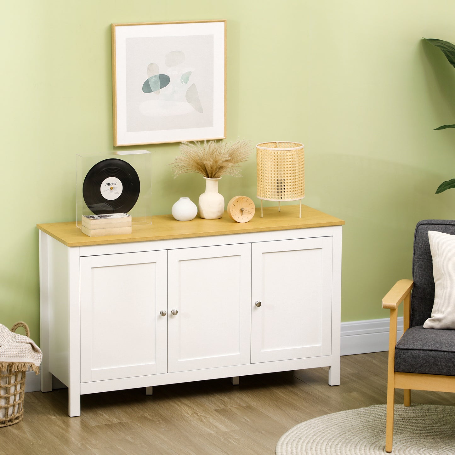 Dressoir – Sideboard – Buffetkast – Opbergkast – Woonkamerkast – 3 Deuren – 2 Verstelbare Planken – Wit Met Licht Houten Blad – 120x40x70 cm