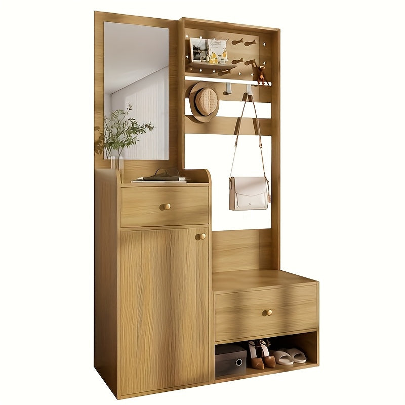 Kapstokkast – Garderobekast – Kapstok – Halmeubel – Garderoberek – Multifunctioneel – Compact – Vrijstaand – Rieten Beige/Bruin – Verstelbare Planken – Kledingroede – Spiegel