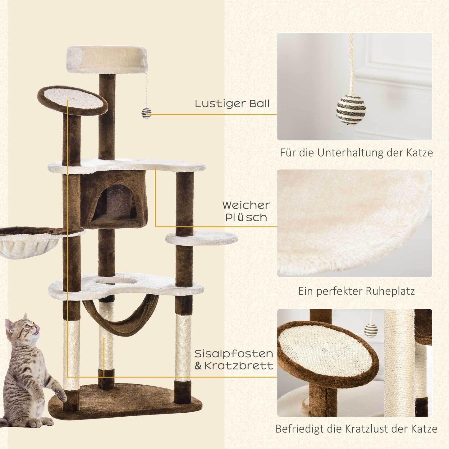 Krabpaal – Kattenboom – Kattenhuis – Kattentoren – Krabmeubel – Plush Bekleding – 65x50x153 cm Groot