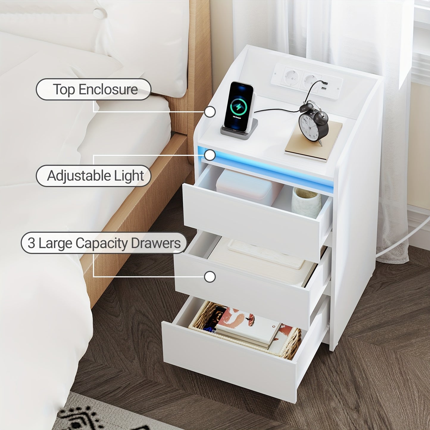 Nachttafel Set – Nachtkastje – Bijzettafel – Bedkastje – Ladeblok – Met Oplaadstation en LED-verlichting – 2 AC Stopcontacten en 2 USB-poorten – 3 Laden – Wit – Compacte Afmetingen 35x40x68 cm