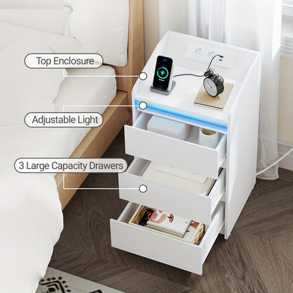 Nachttafel Set – Nachtkastje – Bijzettafel – Bedkastje – Ladeblok – Met Oplaadstation en LED-verlichting – 2 AC Stopcontacten en 2 USB-poorten – 3 Laden – Wit – Compacte Afmetingen 35x40x68 cm