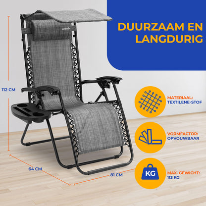 Verstelbare Tuinstoelen – Loungestoelen – Ligstoelen – Tuinfauteuils – Relaxstoelen – Inclusief Afneembaar Zijtafeltje – Verstelbare Zonneklep – Grijs – Inklapbaar – Ademend Stof