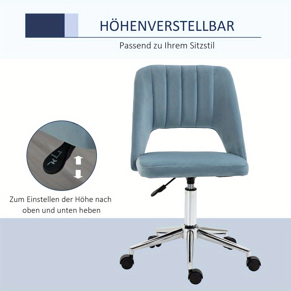 Ergonomic Height-Adjustable Swivel Office Chair - Blue Velvet Upholstery, Metal Frame, 360° Swivel & 5-Wheel Rolling Base, No Power Needed for Home Office & Living Room Comfort, Office Chair Cushion, Versatile Seating Soluti