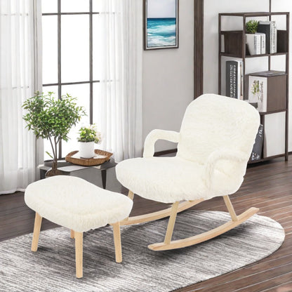 Schommelstoel – Relaxstoel – Fauteuil – Wipstoel – Lounge Stoel – Met Voetensteun – Wit Pluche – Massief Houten Frame