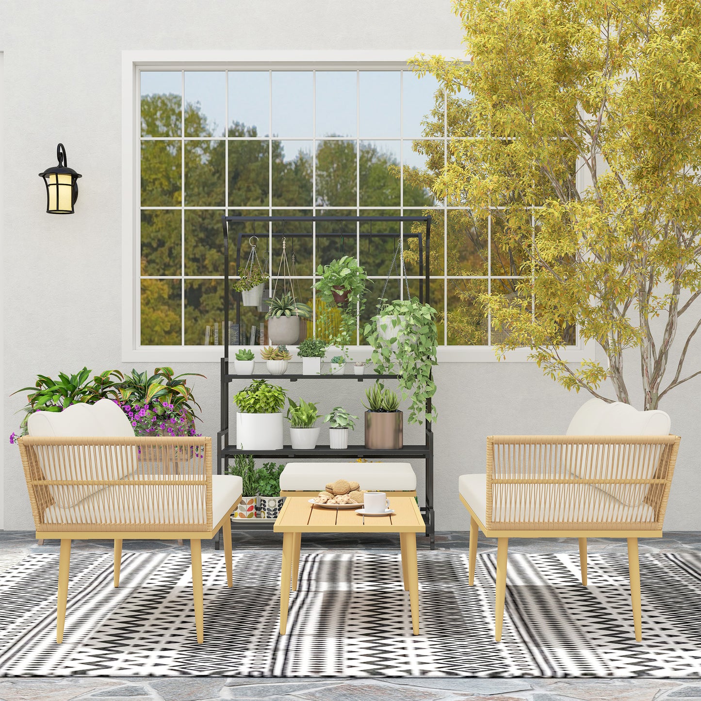 Modulaire Tuinset – Loungeset – Buitenmeubelset – Loungehoek – Balkonset – Weerbestendig Staalframe – Afneembare Splash-Resistente Kussens – Naturel Hout