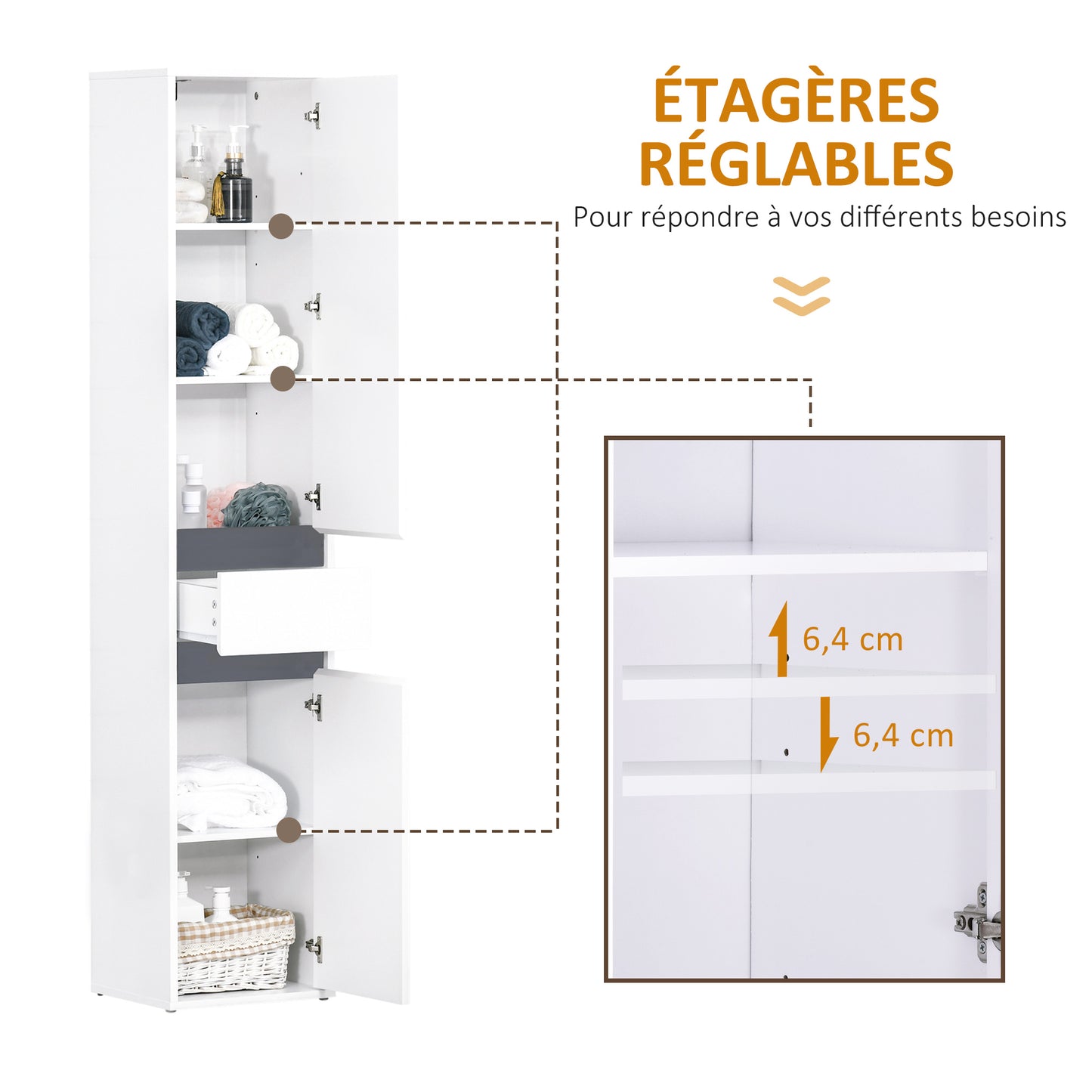 Badkamerkast – Opbergkast – Linnenkast – Kolomkast – Douchekast – Wit Particleboard – 2 Deuren, 3 Planken en 1 Lade