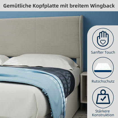 Modern Minimalist Upholstered Bed Frame Queen/King Size (160x200cm) - Beige Fabric Headboard, High-Profile Gas Lift Storage Base, No Box Spring Needed, Easy Assembly, Durable Non-Wood Bed Furniture for Large Mattresses (Mattr