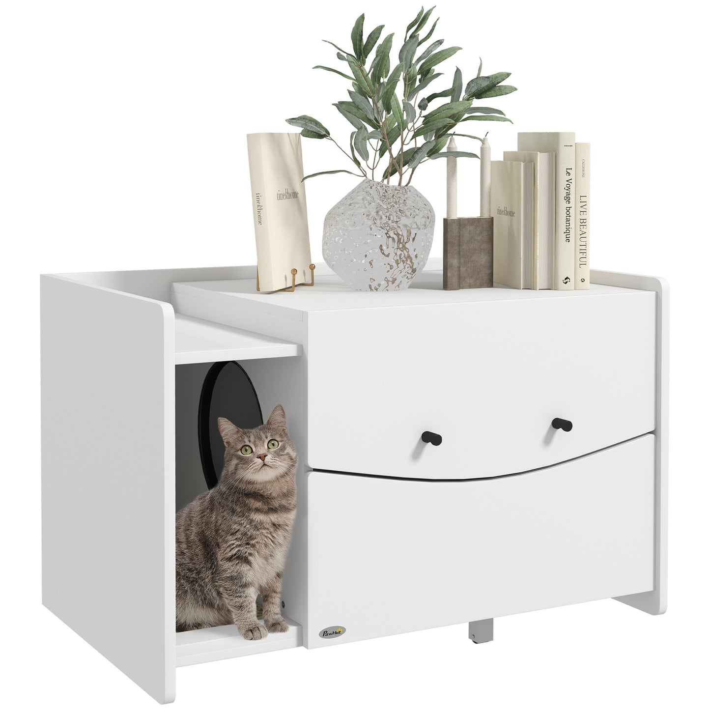 Kattenbak Meubel – Kattenbak Huis – Kattenbak Verbergen – Kattenbak Kast – Kattenbak Bijzettafel – Met Schuiflade – 2 Ventilatiegaten – Wit Fiberboard – Met Zandvangmat – Geschikt Tot 5 Kg Katten