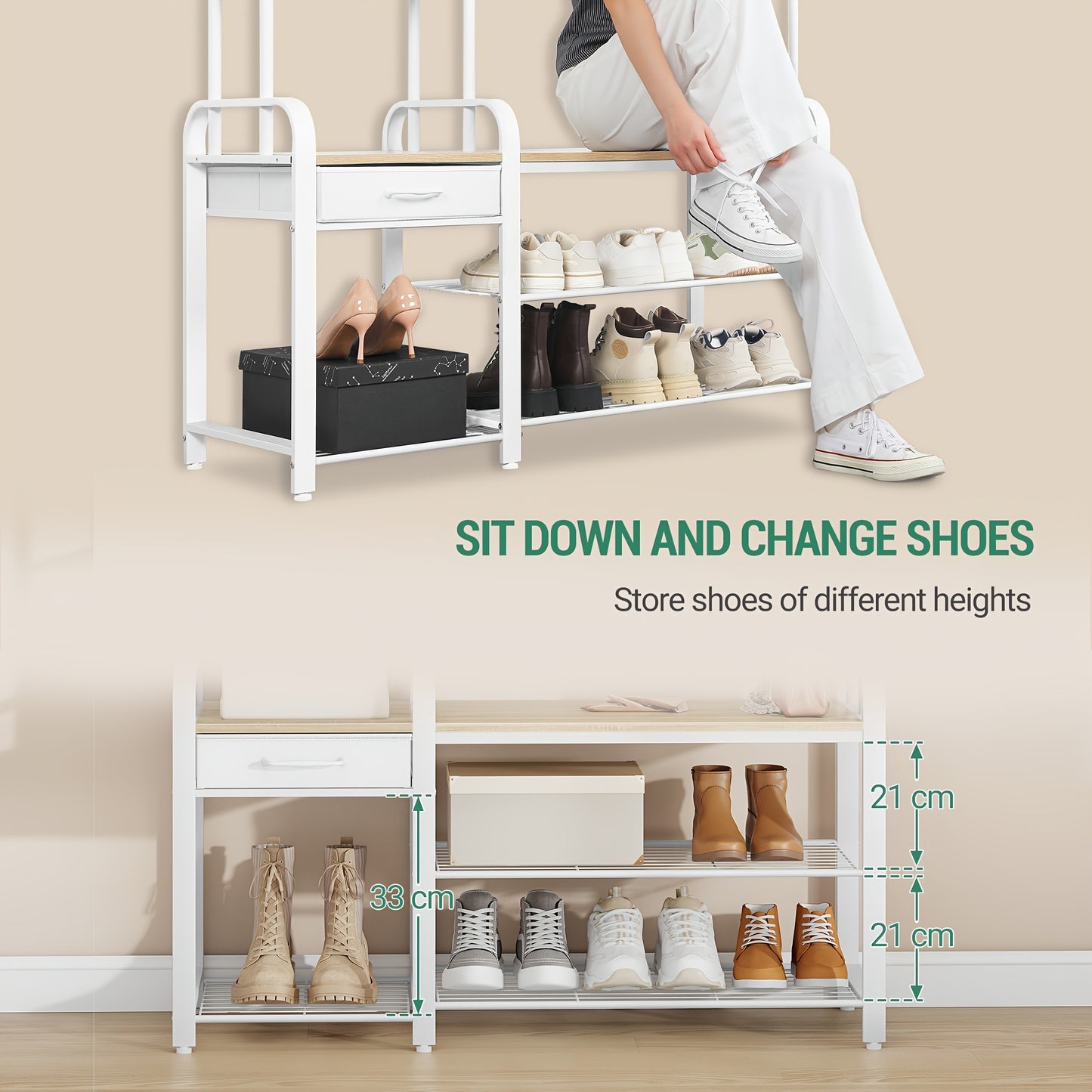 Shoe Rack with Stool, Coat Rack with Three-tier Shoe Bench And 1 Drawer, 5-in-1 Clothes Rack with 17 Hooks, 1 Hanging Rail, 4 Side Shelves, White - QUORE