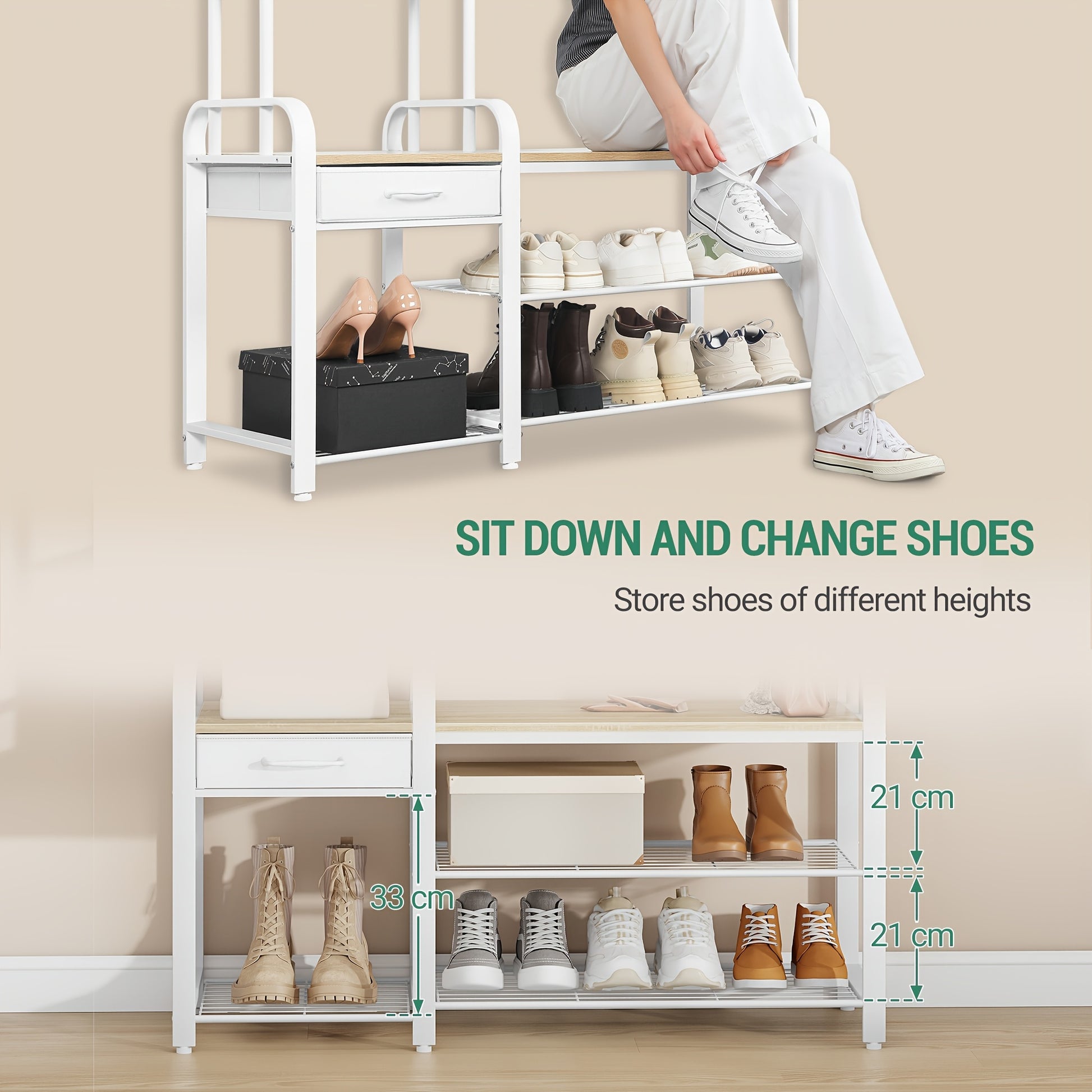 Shoe Rack with Stool, Coat Rack with Three-tier Shoe Bench And 1 Drawer, 5-in-1 Clothes Rack with 17 Hooks, 1 Hanging Rail, 4 Side Shelves, White - QUORE