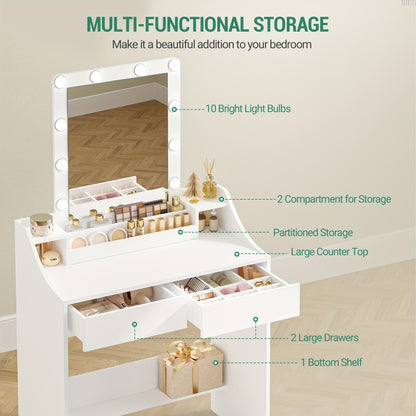Make-uptafel – Kaptafel – Make-up Bureau – Schminktisch – Make-up Tafel Wit – Met Verstelbare LED-Verlichting – 2 Lades En 3 Open Vakken