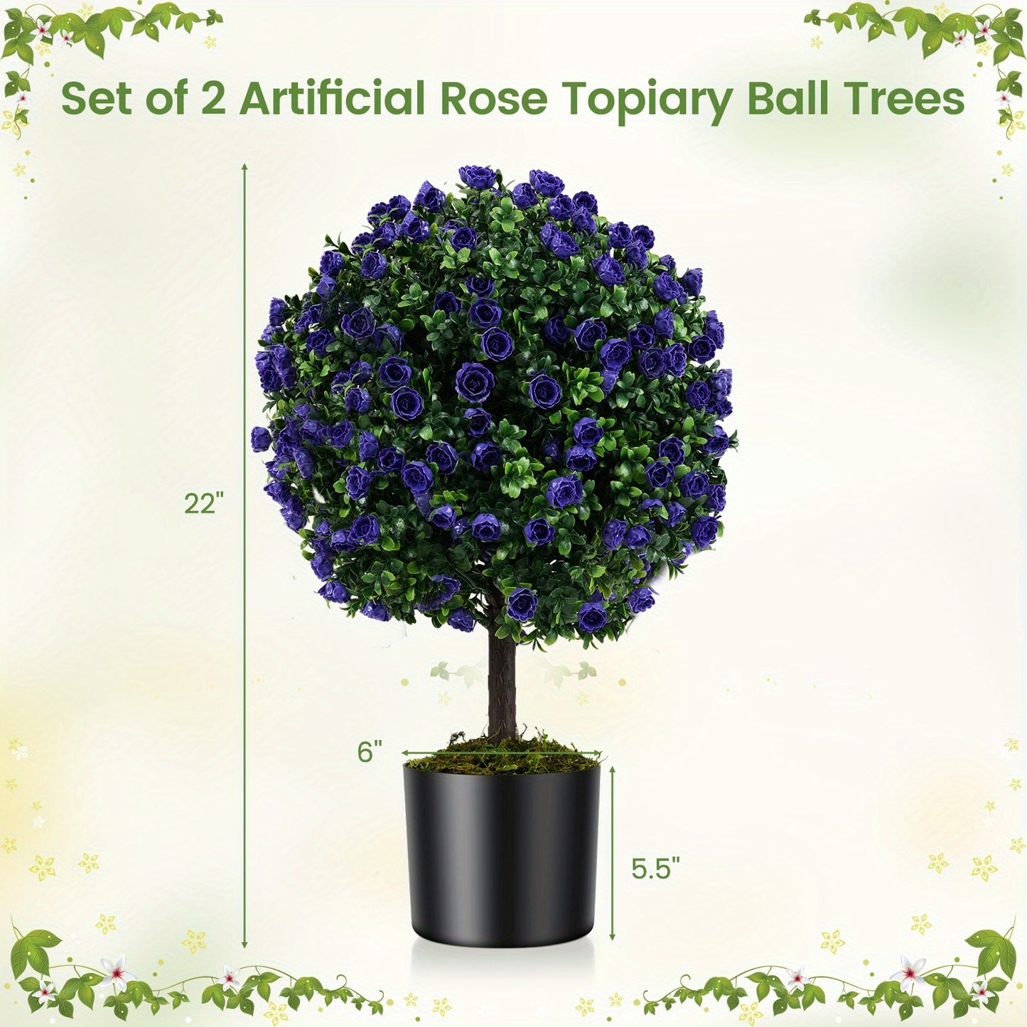 Kunstplant – Kunstboom – Kunstbuxus – Nepplant – Kunstbuxustopiary – Set 2 stuks – 55 cm Hoog – Cementgevulde Stevige Pot – Realistisch 7-Laags Blad – Paarse Rozen – Weerbestendig PE/PP – Onderhoudsvrij