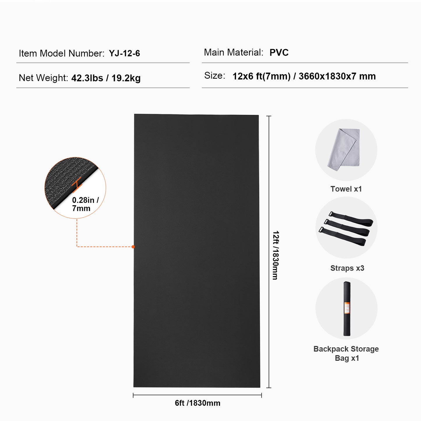 Fitnessmat – Yogamat – Pilatesmat – Workoutmat – Trainmat – Extra Groot 12x6ft – Antislip PVC 7mm Dikte