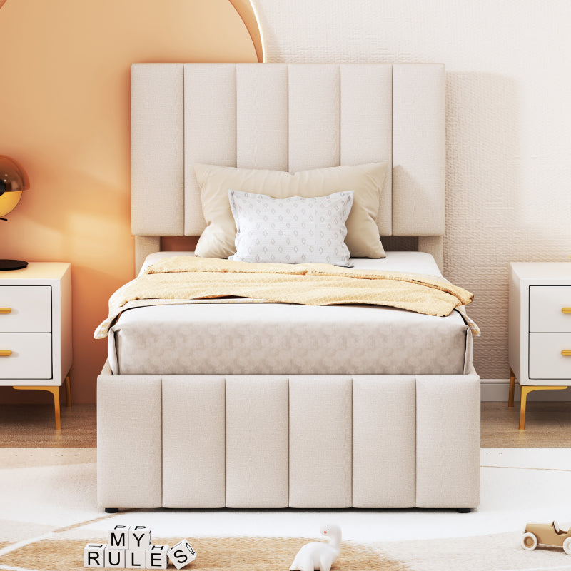 Hoogslaper – Kinderbed – Stapelbed – Zolderbed – Eenpersoonsbed – Linnen Bekleding Licht Beige – Uitschuifbaar Tweelingbed Met Opberglades – MDF En Metaal Frame