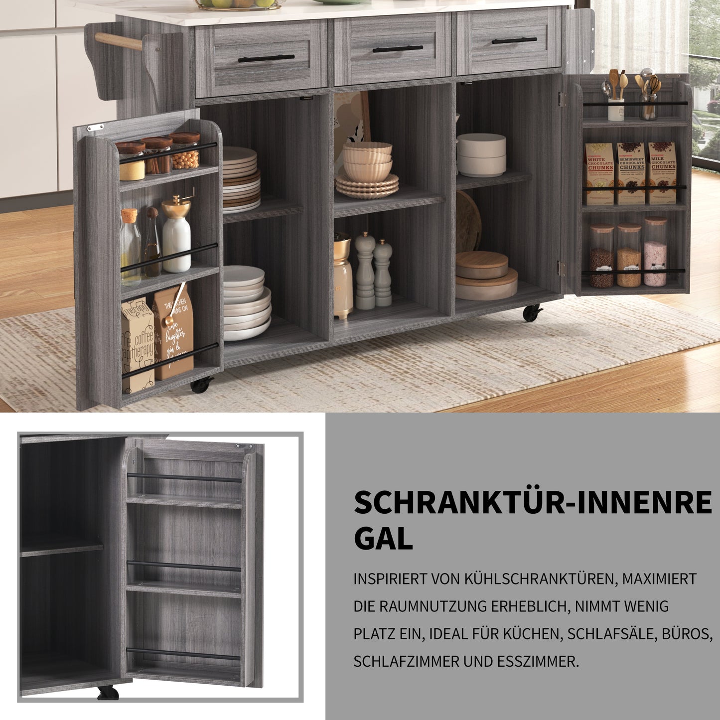 Keukentrolley – Keukenkast – Serveerwagen – Keukenwagen – Buffetwagen – Uitklapbaar Werkblad – Houtlook Werkblad – 139x46(71)x91,5 cm – Met Laden en Verstelbare Planken
