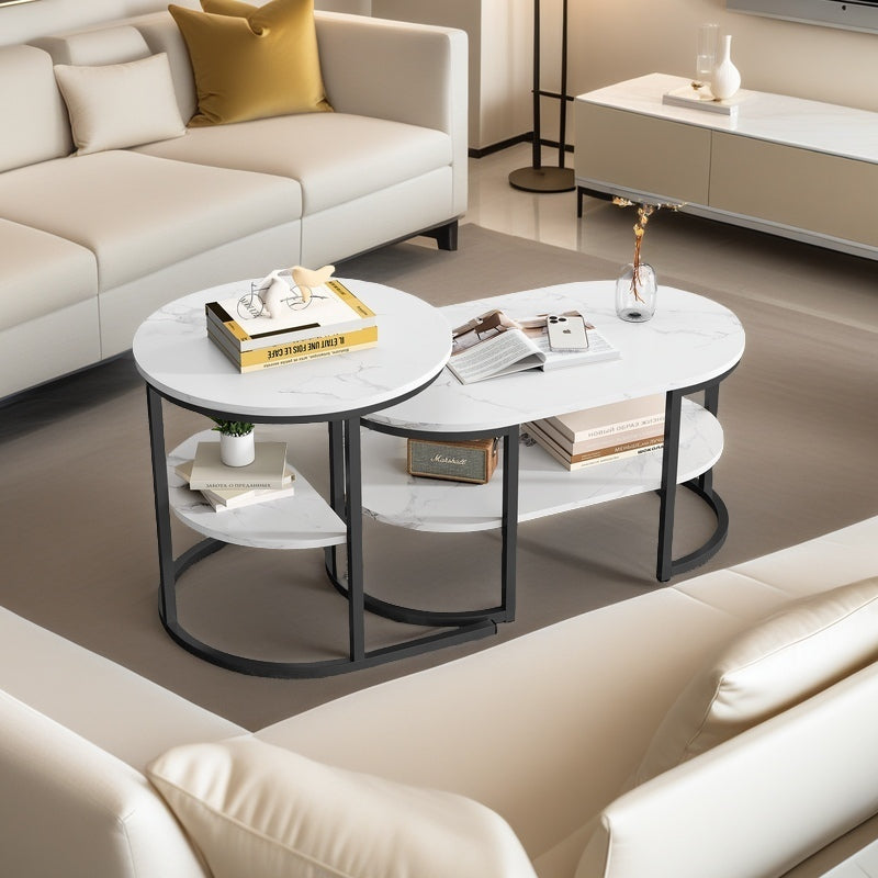 Bijzettafels – Koffietafel – Salontafel – Woonkamertafel – Opbergtafel – Set van 2 Ronde en Ovale Tafels – Houten Blad en Stabiel Metalen Frame