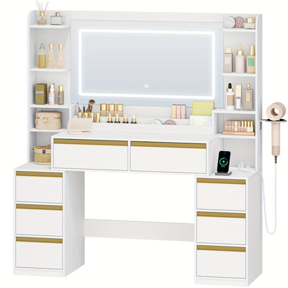 Kaptafel – Make-up Tafel – Opmaaktafel – Beautytafel – Cosmeticatafel – Grote Spiegel – Haardrogerhouder – 8 Lades – Hout – Modern Wit – 135x40x145 cm