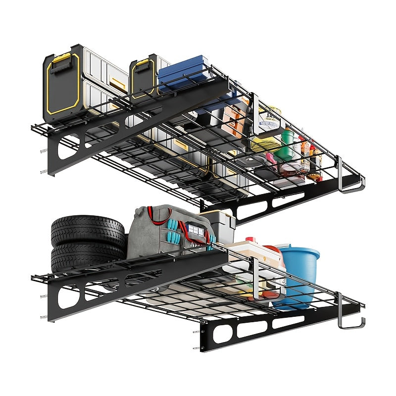 1 Steel 2-Pack Garage Storage Shelves, Heavy-Duty Steel, Storage Rack Wall Floating Shelves, Compatible with 40.64/45.72/60.96cm Wood Studs, 272.16 KG Capacity, Easy Installation with Hardware and Template, Garage Storage She