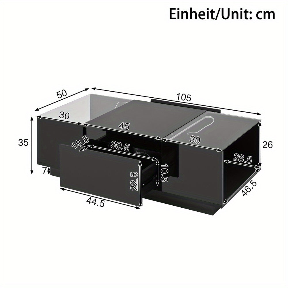 Salontafel – Koffietafel – Bijzettafel – Tafel – Woonkamertafel – Modern minimalistisch design – Glazen tafelblad met 2 lades – 105 cm – Metaalframe compacte salontafel
