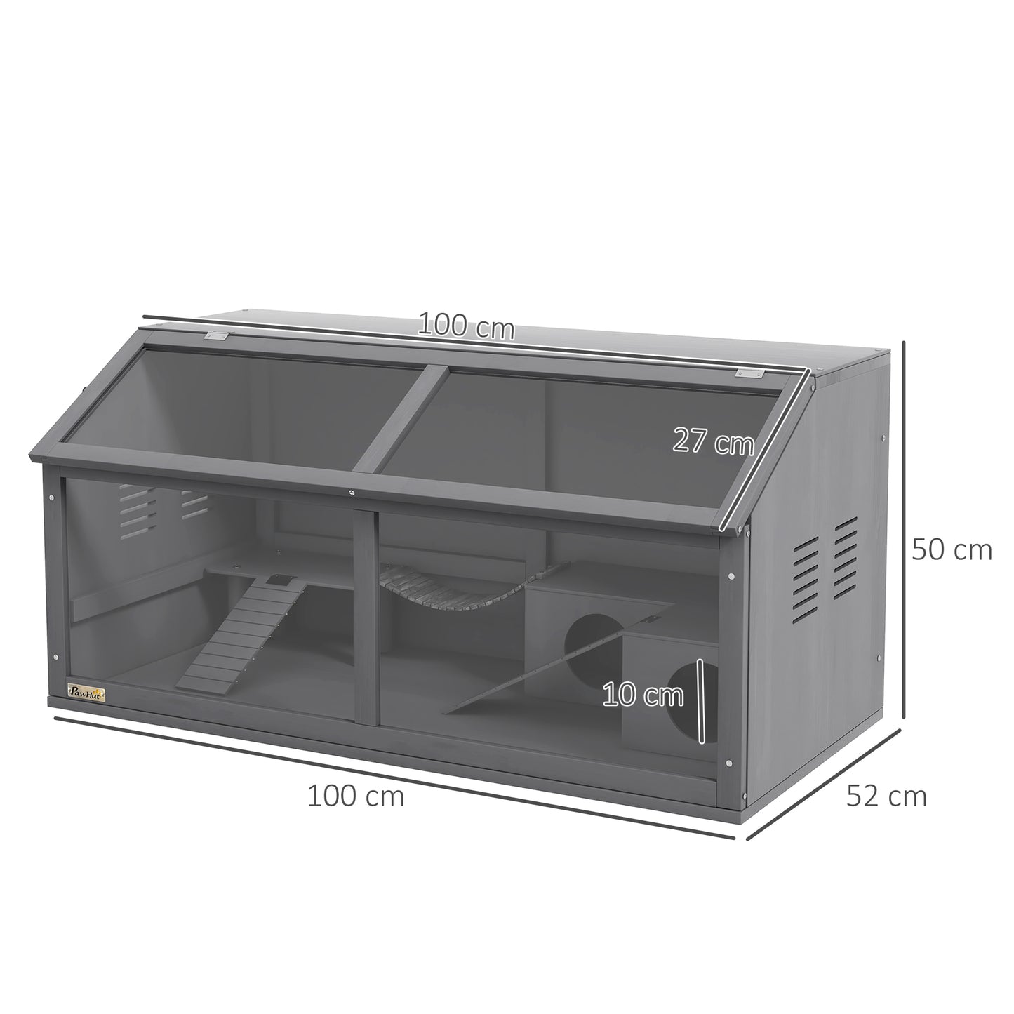 Knaagdierkooi – Kleine Dieren Kooi – Hamsterkooi – Gerbil Kooi – Muis Kooi – Donkergrijs – Grenenhout Met Acryl Front – 100x52x50 cm – Inclusief Ladders, Platform En Schommelbrug