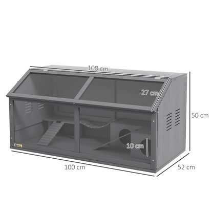 Knaagdierkooi – Kleine Dieren Kooi – Hamsterkooi – Gerbil Kooi – Muis Kooi – Donkergrijs – Grenenhout Met Acryl Front – 100x52x50 cm – Inclusief Ladders, Platform En Schommelbrug