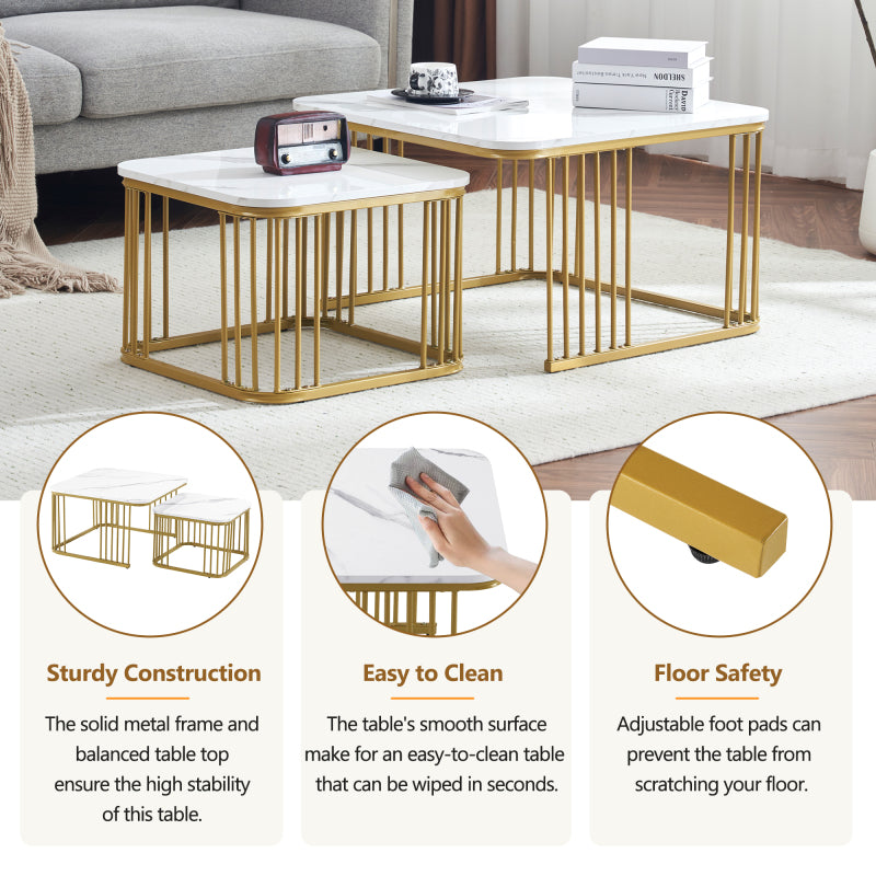 Salontafel – Bijzettafel – Woonkamertafel – Koffietafel – Nesting Tables – Hoogglans Marmerlook – Gouden Metalen Poten – Set van 2 – 70x70x45 cm & 50x50x36,5 cm