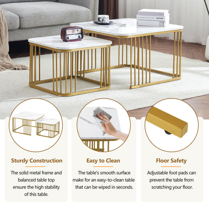 Salontafel – Bijzettafel – Woonkamertafel – Koffietafel – Nesting Tables – Hoogglans Marmerlook – Gouden Metalen Poten – Set van 2 – 70x70x45 cm & 50x50x36,5 cm