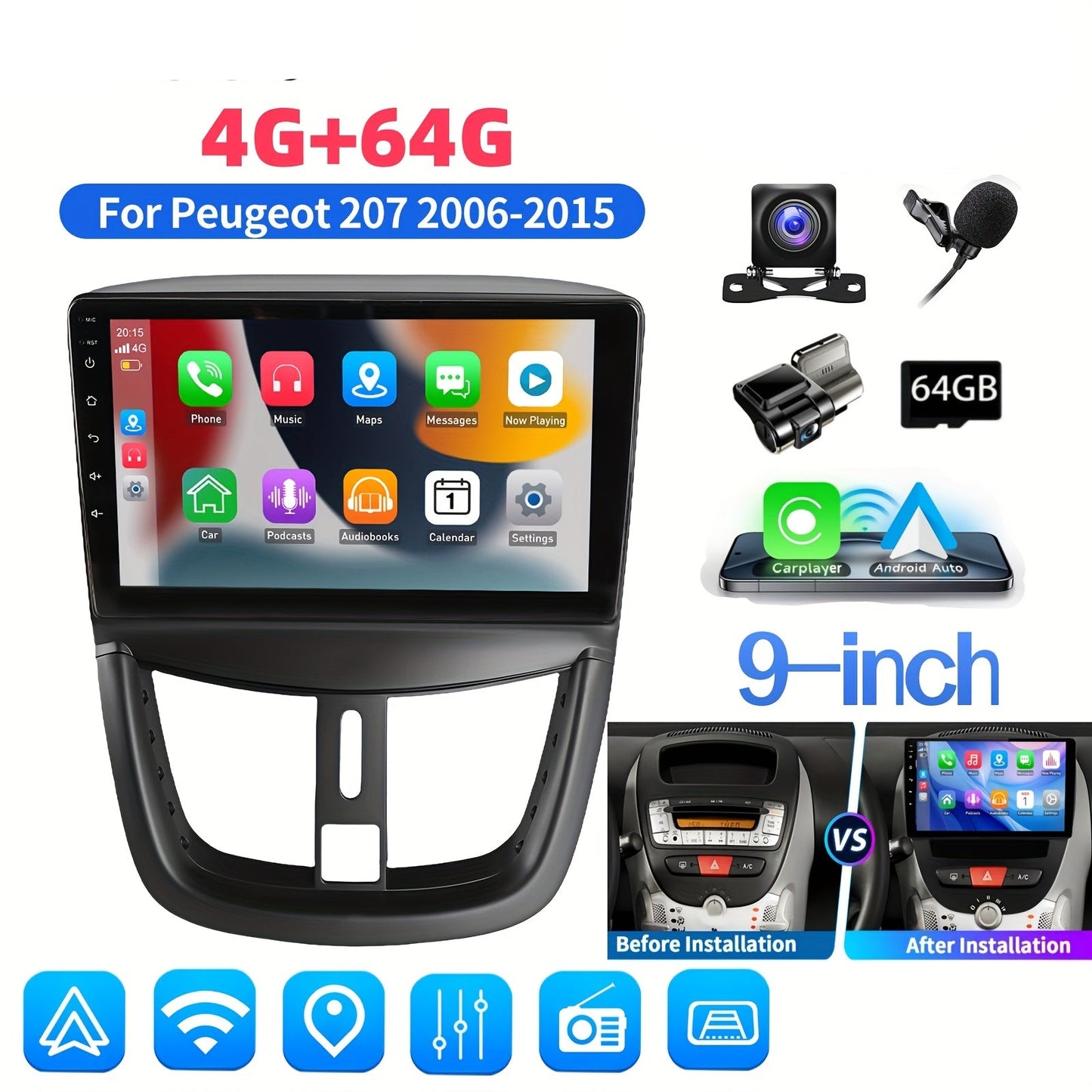 9 inch Autoradio – 2-DIN Multimedia Speler – Touchscreen Navigatie – Bluetooth Radio – WiFi Android Auto – 2GB RAM 32GB Opslag – Achteruitrijcamera Inclusief – HD IPS Scherm 1280x720