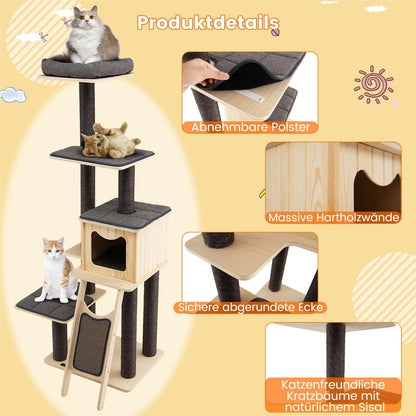 Krabpaal – Krabboom – Kattenboom – Klimpaal – Activiteitentoren – 6-laags Houten Krabpaal Met Sisal – Met Kattenhol En Zacht Kussen – Stabiele, Hoge Klimtoren 175 cm – Grijs-Beige