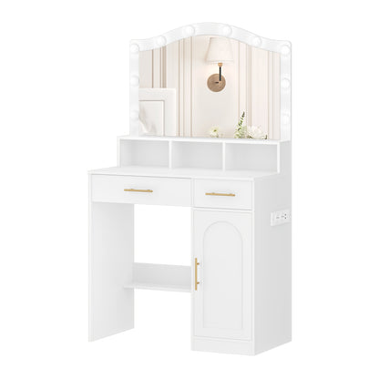 Make-uptafel – Kaptafel – Visagietafel – Make-up Bureau – Make-up Spiegel – Wit met Gouden Accenten – Grote Spiegel 45x70 cm – 3-Kleurige Instelbare LED-Verlichting