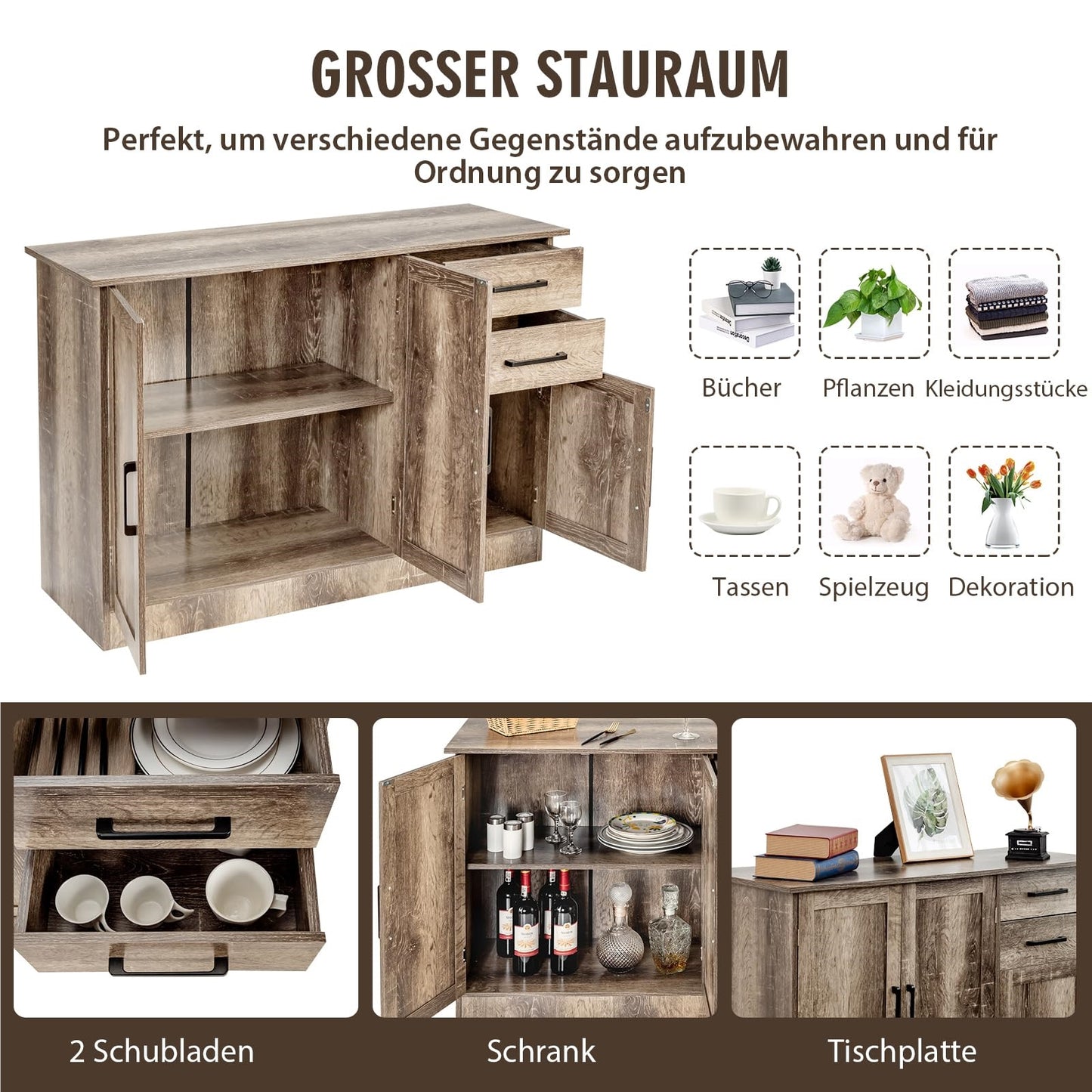 Houten Dressoir – Sideboard – Buffetkast – Opbergkast – Woonkamerkast – Industrieel Design – 110 x 40 x 78 cm – Verstelbare Plank & 2 Lades