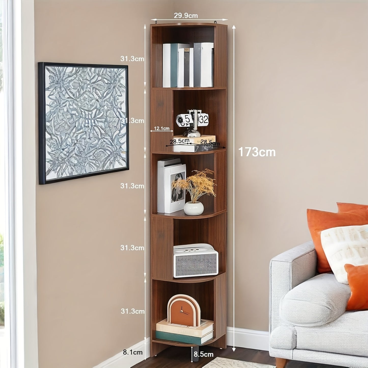 Hoekplank – Wandplank – Plankenrek – Boekenkast – Plantentafel – 5-Laags – Robuust Hout – Compact 30x173x28,5 cm – Rustieke Afwerking