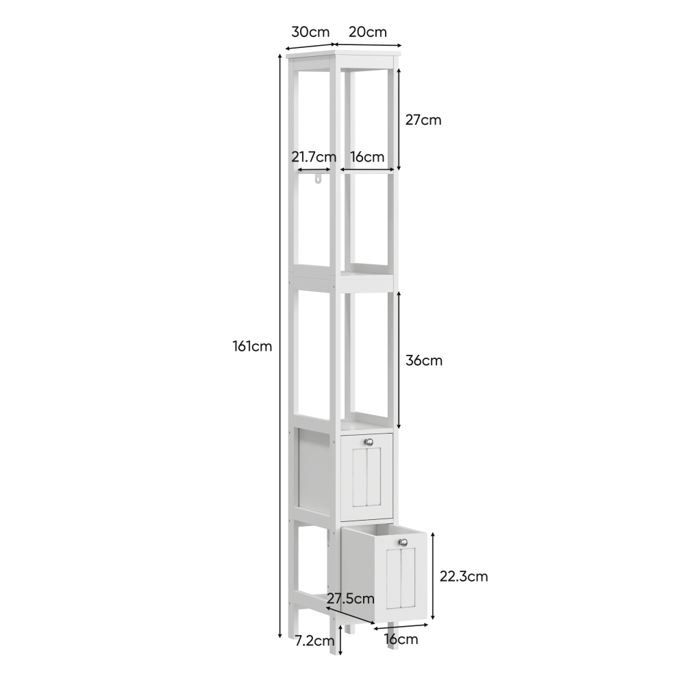 Badkamerkast – Smalle Kolomkast – Vrijstaande Kast – Opbergkast – Wastafelonderkast – Hoogte 160 cm – MDF Materiaal – 2 Laden en 3 Open Planken – Wit