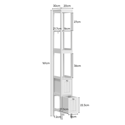 Badkamerkast – Smalle Kolomkast – Vrijstaande Kast – Opbergkast – Wastafelonderkast – Hoogte 160 cm – MDF Materiaal – 2 Laden en 3 Open Planken – Wit