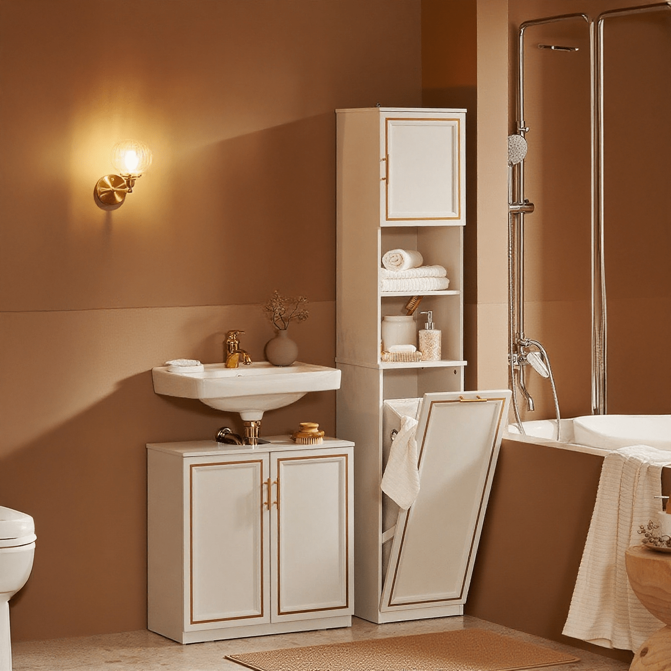 Badkamerkast – Kolomkast – Opbergkast – Badmeubel – Wastafelonderkast – Smal en Hoog – MDF Met Inklapbare Wasmand