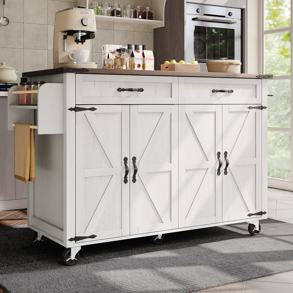 Mobile Kitchen Island Cart with Pull-Out Worktop, 4 Doors & 2 Drawers - Heavy-Duty Metal Frame White/Black Rolling Cabinet on Casters, Space-Saving Mobile Storage Trolley for Small Kitchens, Easy Assembly (No Wood)