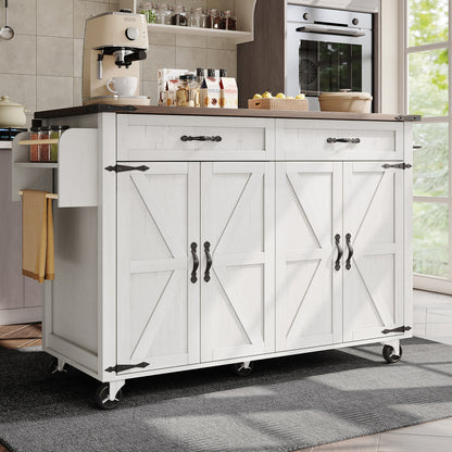 Mobile Kitchen Island Cart with Pull-Out Worktop, 4 Doors & 2 Drawers - Heavy-Duty Metal Frame White/Black Rolling Cabinet on Casters, Space-Saving Mobile Storage Trolley for Small Kitchens, Easy Assembly (No Wood)