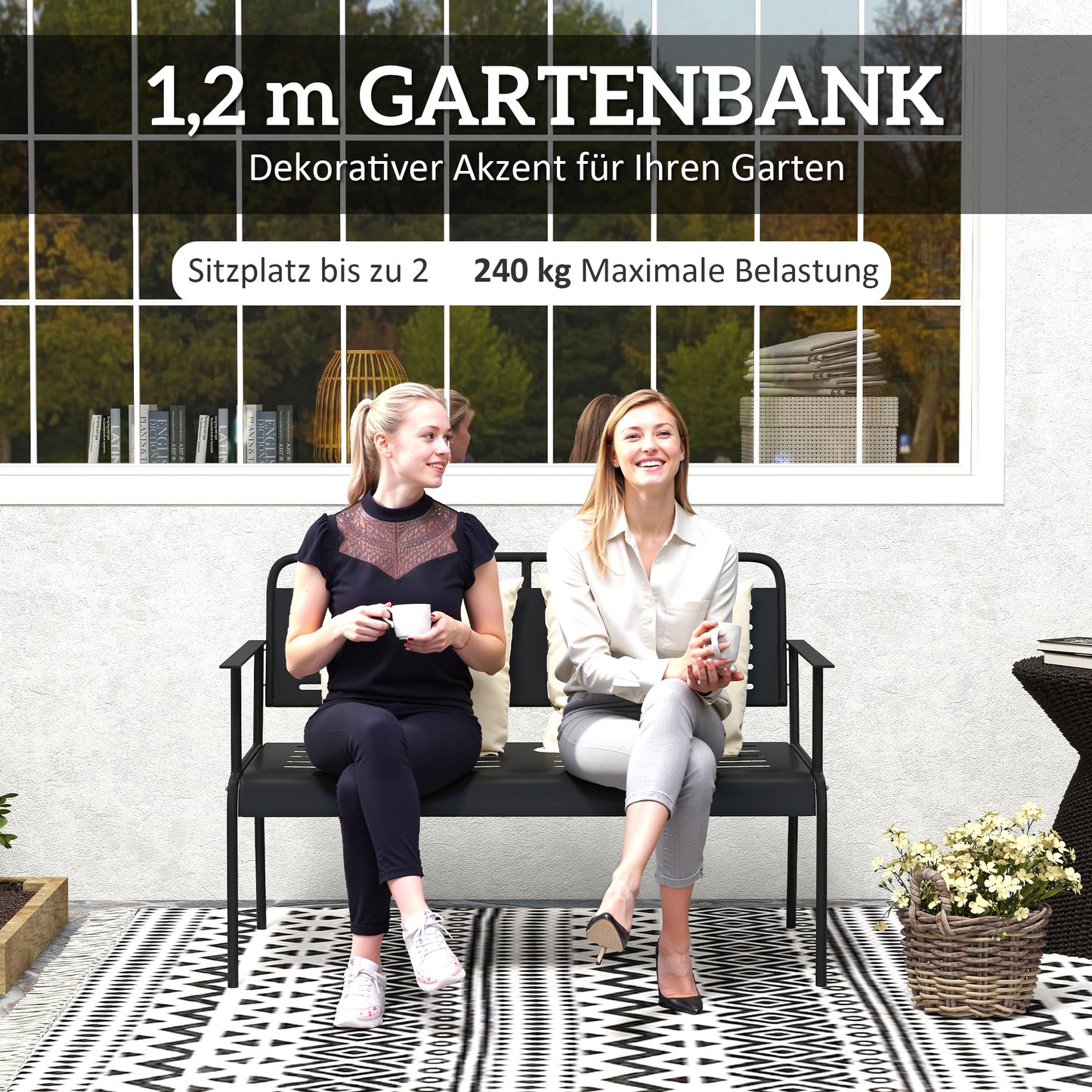 Tuinbank – Buitenbank – Tuinstoel – Parkbank – Zwarte Weerbestendige Bank – Stalen Frame – Comfortabele Armleuningen